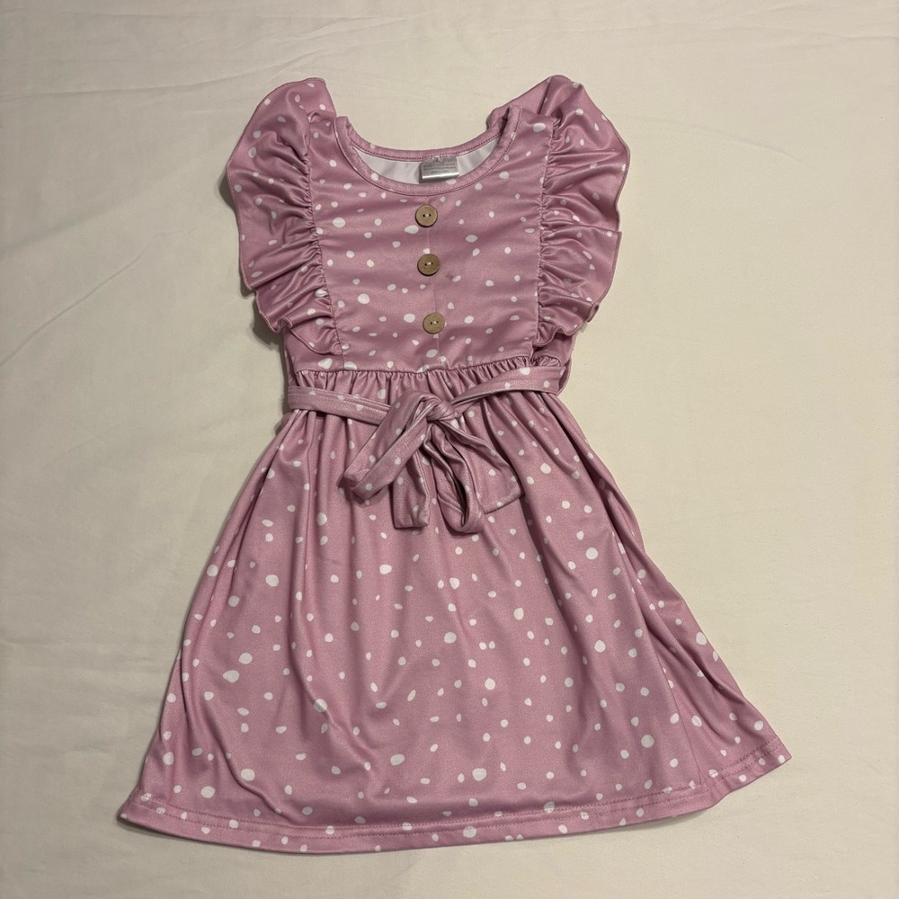 Purple Polka Dot Kids Dress with wooden style buttons polyester and spandex blen